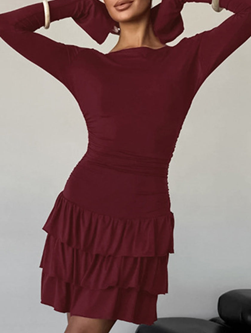 White waist cinched ruffle long sleeve work dress by FJØRNA, featuring a flattering fit and elegant ruffle details.