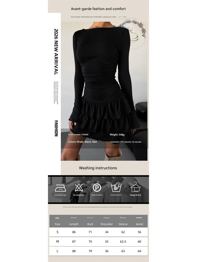White waist cinched ruffle long sleeve work dress by FJØRNA, featuring a flattering silhouette and elegant ruffle details.