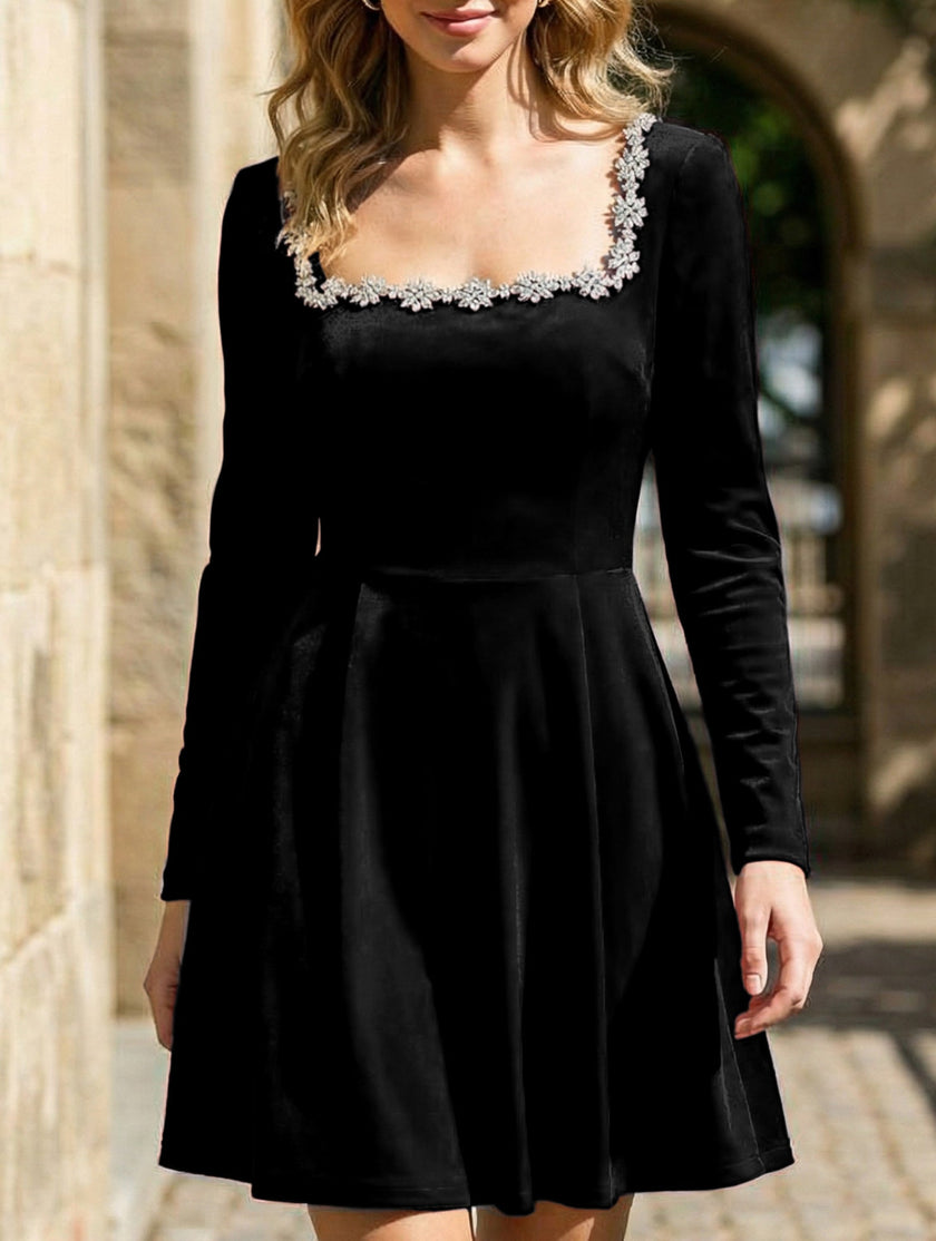 Black velvet square neck dress for women by FJØRNA, featuring an elegant and stylish design perfect for formal occasions.