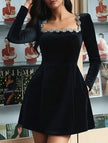 Black velvet square neck dress for women by FJØRNA, featuring an elegant and stylish design perfect for dressy occasions.