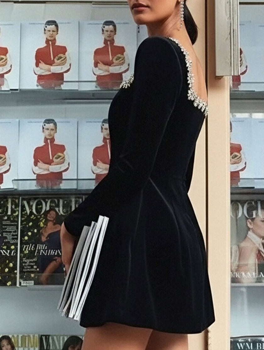 Black velvet square neck dress for women by FJØRNA, featuring an elegant and stylish design perfect for formal occasions.