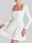 White velvet square neck dress for women by FJØRNA, featuring an elegant and stylish design perfect for formal occasions.