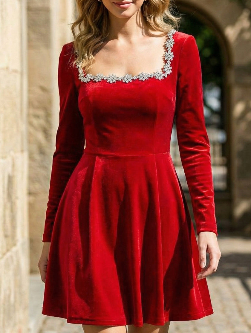 White velvet square neck dress for women by FJØRNA, elegant and stylish with a fitted silhouette and refined design.