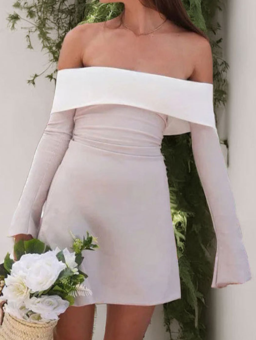 FJØRNA women's white shoulder slim-fit waist dress, elegant dress with fitted silhouette and stylish design.