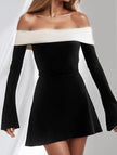Black FJØRNA women's shoulder slim-fit waist dress featuring a sleek, tailored design and elegant silhouette.
