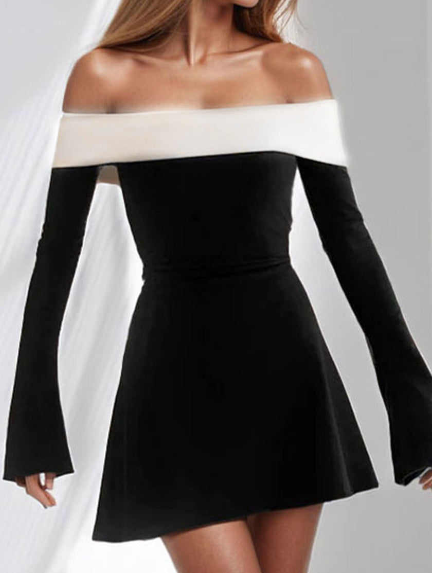 Black FJØRNA women's shoulder slim-fit waist dress featuring a sleek, tailored design and elegant silhouette.