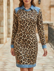 Leopard print denim patchwork A-line work dress by FJØRNA, featuring a stylish, casual design with a fitted waist and flared skirt.
