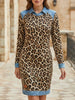 Leopard print denim patchwork A-line work dress by FJØRNA, featuring a stylish, casual design with a fitted waist and flared skirt.
