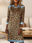 Leopard print denim patchwork A-line dress by FJØRNA, featuring a stylish work dress design with a fitted silhouette and bold pattern.