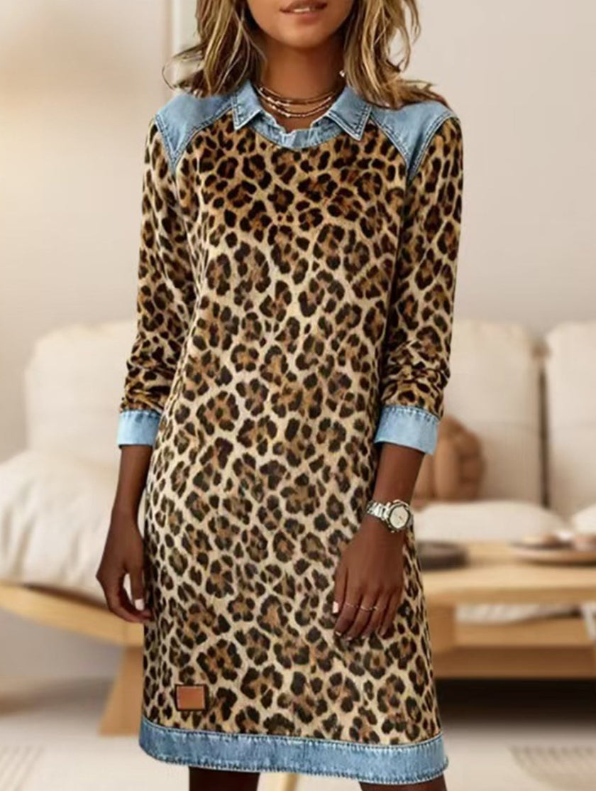 Leopard print denim patchwork A-line dress by FJØRNA, featuring a stylish work dress design with a fitted silhouette and bold pattern.