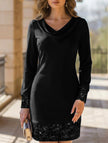 Black Wave Neck Sequin Mesh Party Midi Dress by FJØRNA featuring long sleeves and a form-fitting silhouette for evening events.