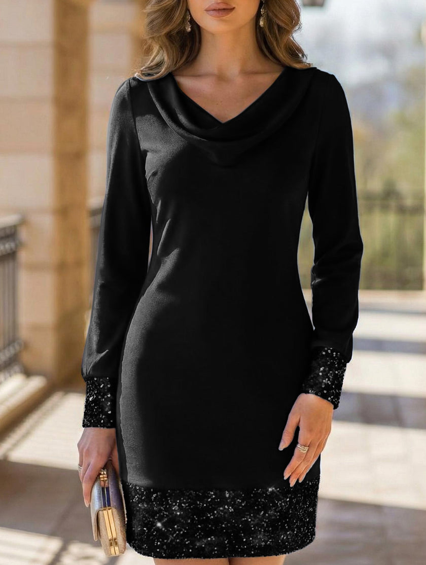 Black Wave Neck Sequin Mesh Party Midi Dress by FJØRNA featuring long sleeves and a form-fitting silhouette for evening events.