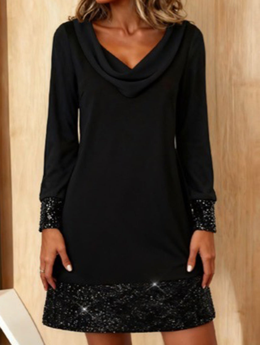Black FJØRNA Wave Neck sequin mesh midi dress with long sleeves, perfect for party occasions.
