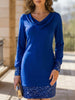 Blue Wave Neck sequin mesh midi dress by FJØRNA featuring long sleeves, perfect for party occasions.