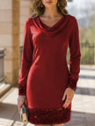 Red Wave Neck Sequin Mesh Midi Dress by FJØRNA featuring long sleeves and a fitted silhouette for party occasions.
