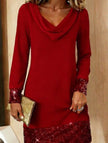 FJØRNA Wave Neck sequin mesh midi dress with long sleeves, red color, perfect for party occasions.