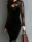 Black FJØRNA sheer lace V-neck slim fit dress with intricate lace details and fitted silhouette.