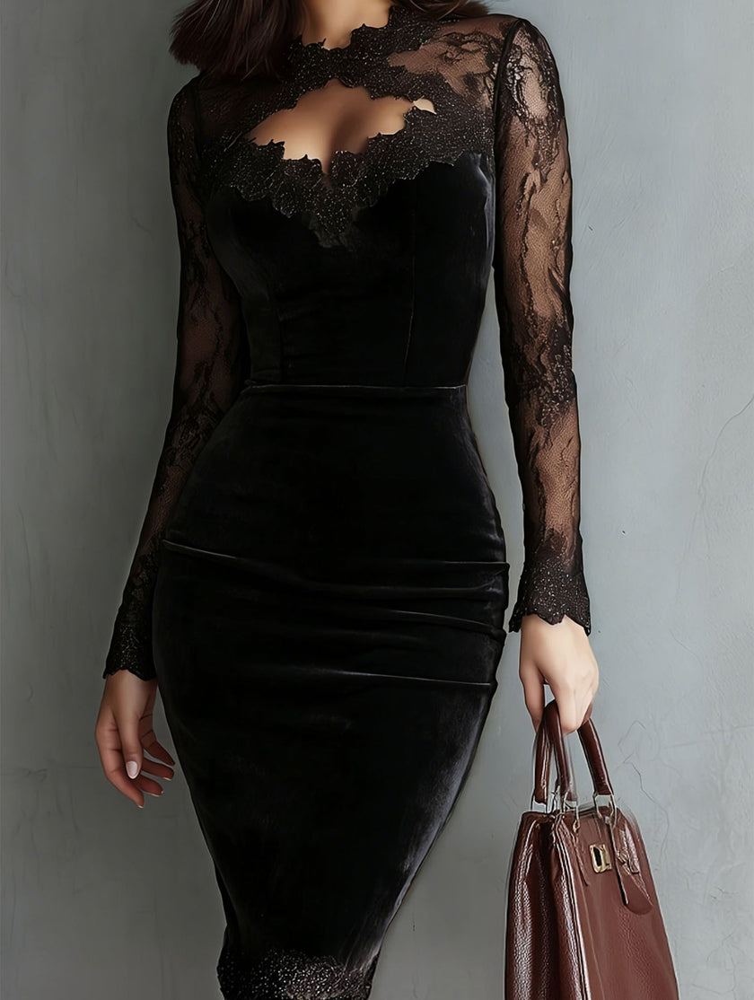 Black FJØRNA sheer lace V-neck slim fit dress with intricate lace details and fitted silhouette.