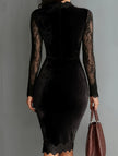 Black Sheer Lace V Neck Slim Fit Dress by FJØRNA, featuring delicate lace details and a fitted silhouette.