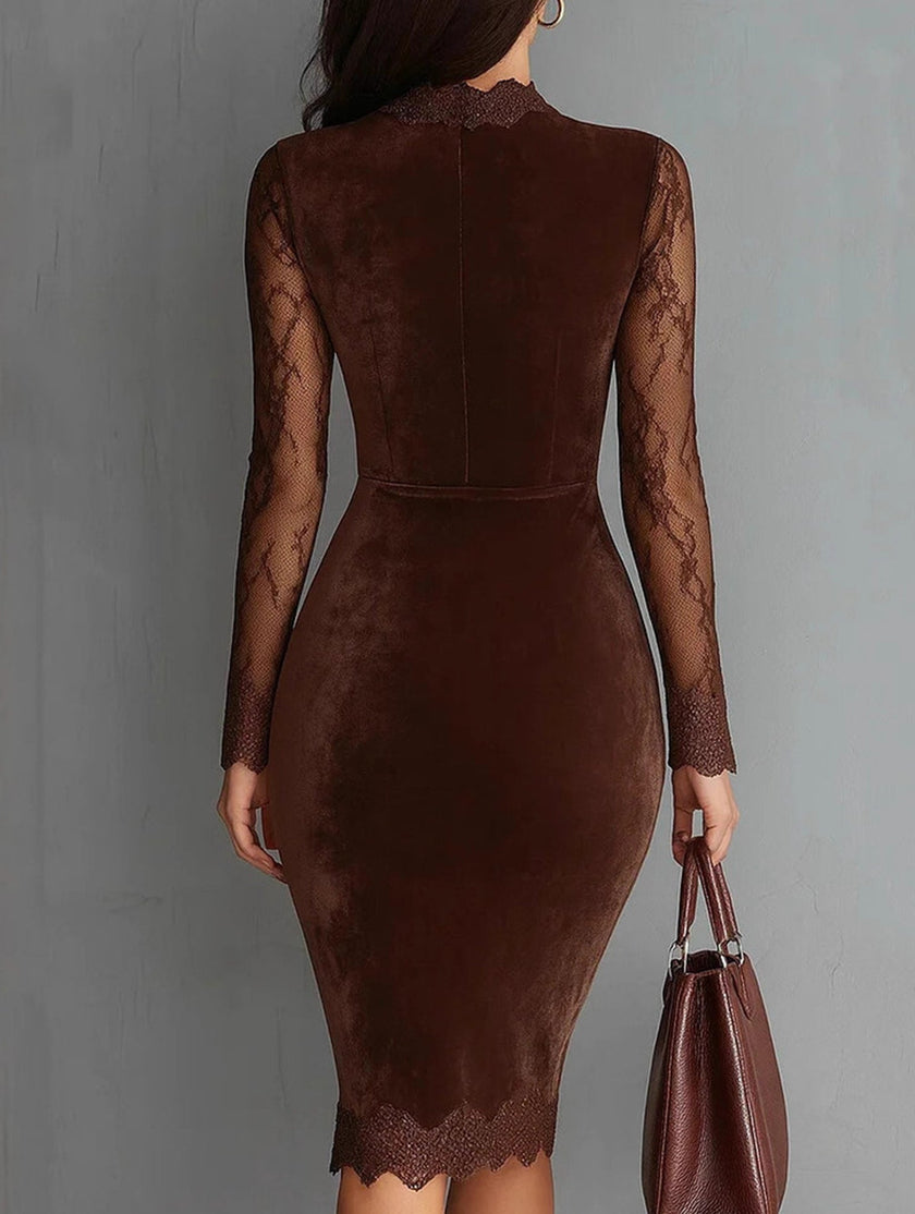 FJØRNA sheer lace V-neck slim fit white dress displayed on a hanger with intricate lace details and elegant design.