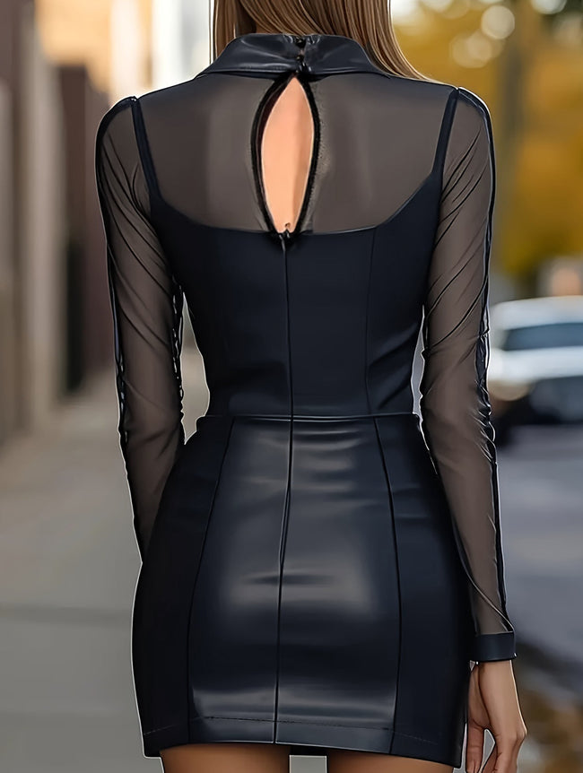 Black mesh patchwork leather bodycon dress by FJØRNA, showcasing a sleek, fitted design with stylish patchwork details.