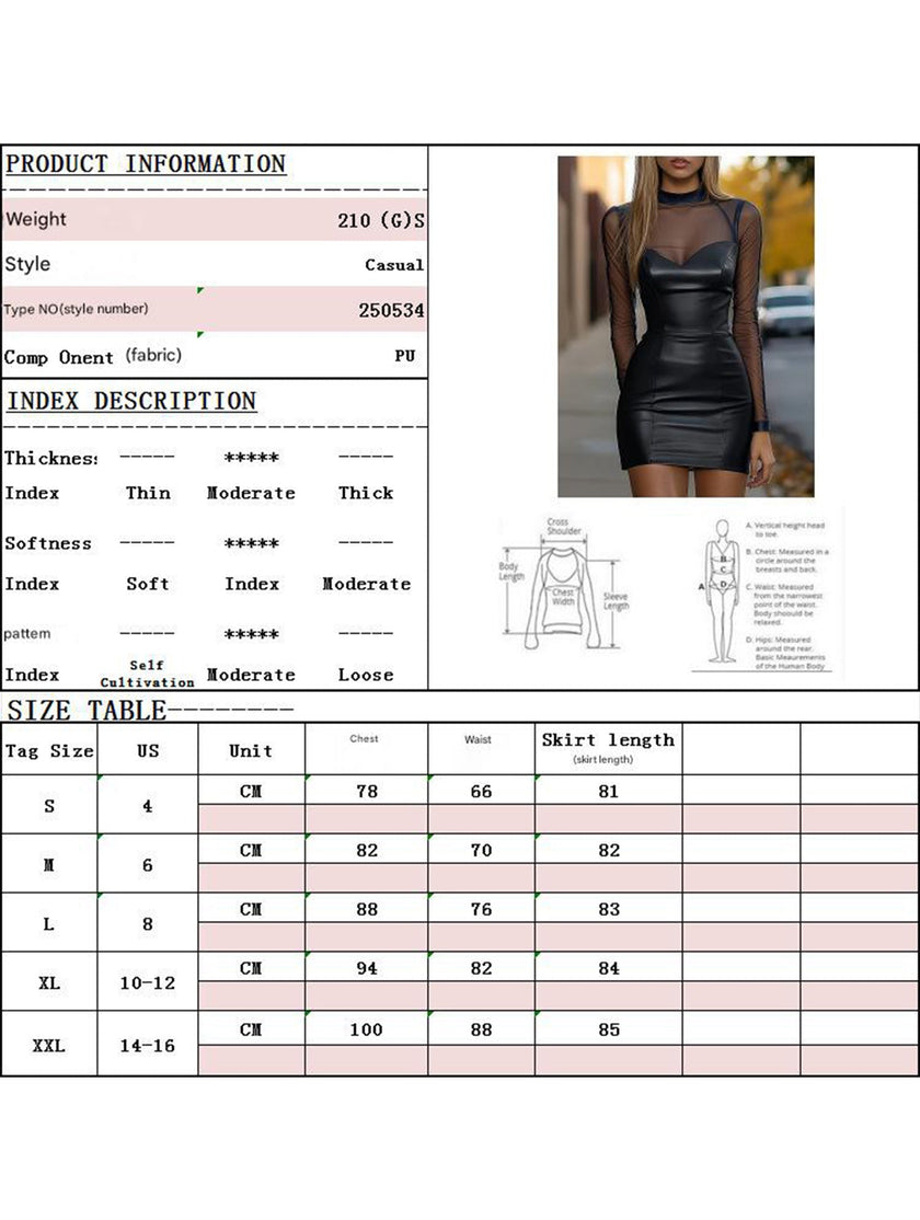 FJØRNA mesh patchwork leather bodycon dress, stylish work dress with fitted silhouette and mixed leather panel details.