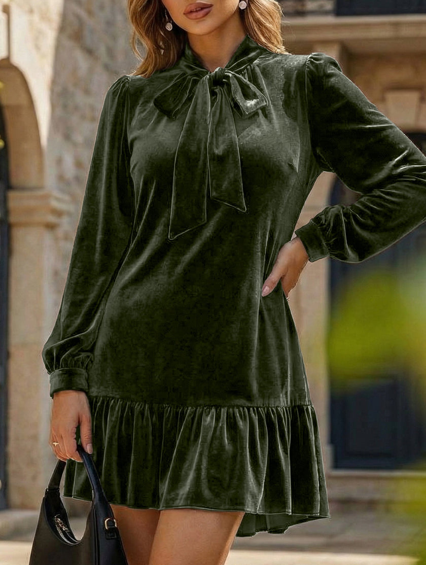 FJØRNA vintage white long sleeve mini dress with loose fit and solid design, ideal for casual or chic occasions.