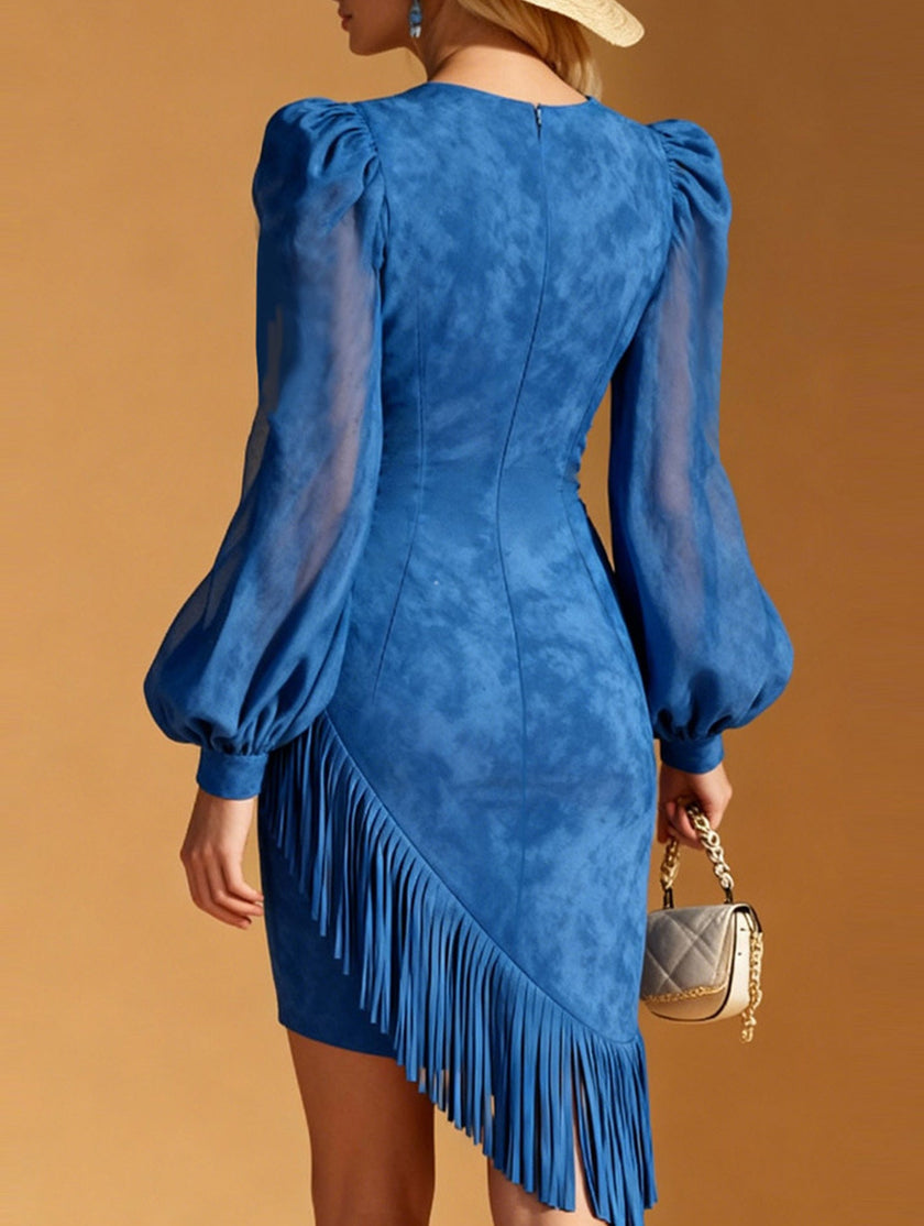 White faux suede mini dress with fringe hem and front zipper from FJØRNA, featuring a stylish and trendy design.