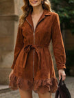 FJØRNA solid patchwork cardigan dress in brick color, casual wedding dress with relaxed fit and stylish patchwork design.