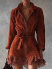 FJØRNA solid casual patchwork cardigan dress in brick color, suitable as a casual wedding dress, featuring a relaxed fit and soft fabric.