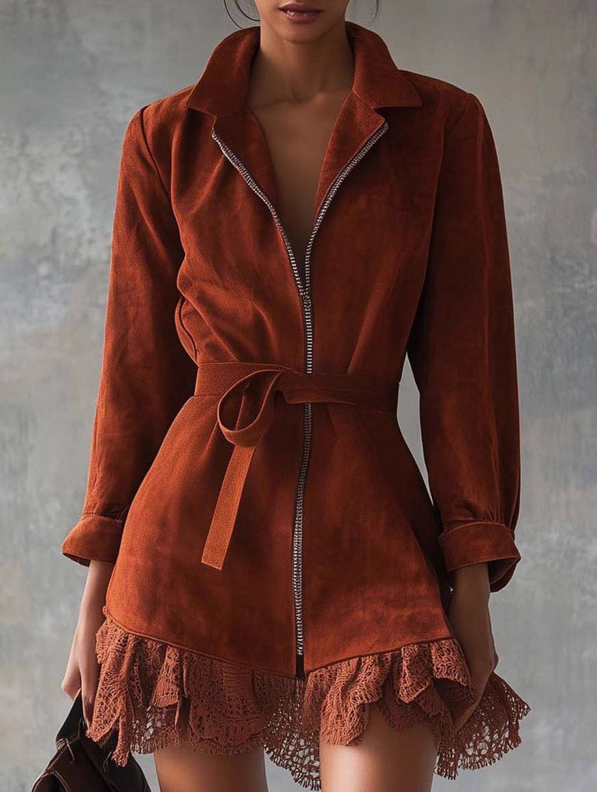 FJØRNA solid casual patchwork cardigan dress in brick color, suitable as a casual wedding dress, featuring a relaxed fit and soft fabric.
