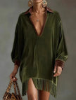 FJØRNA color-blocked loose-fitting tassel dress for women in white with olive accents, stylish and comfortable for casual wear.