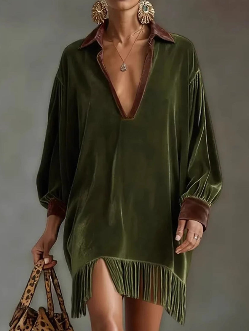 FJØRNA color-blocked loose-fitting tassel dress for women in white with olive accents, stylish and comfortable for casual wear.