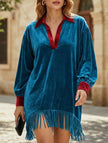 Color-blocked loose-fitting tassel dress for women by FJØRNA, featuring white and peacock blue color accents and tassel details.