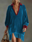 Color-blocked loose-fitting tassel dress for women by FJØRNA in white with peacock blue accents, featuring a stylish, flowy design.