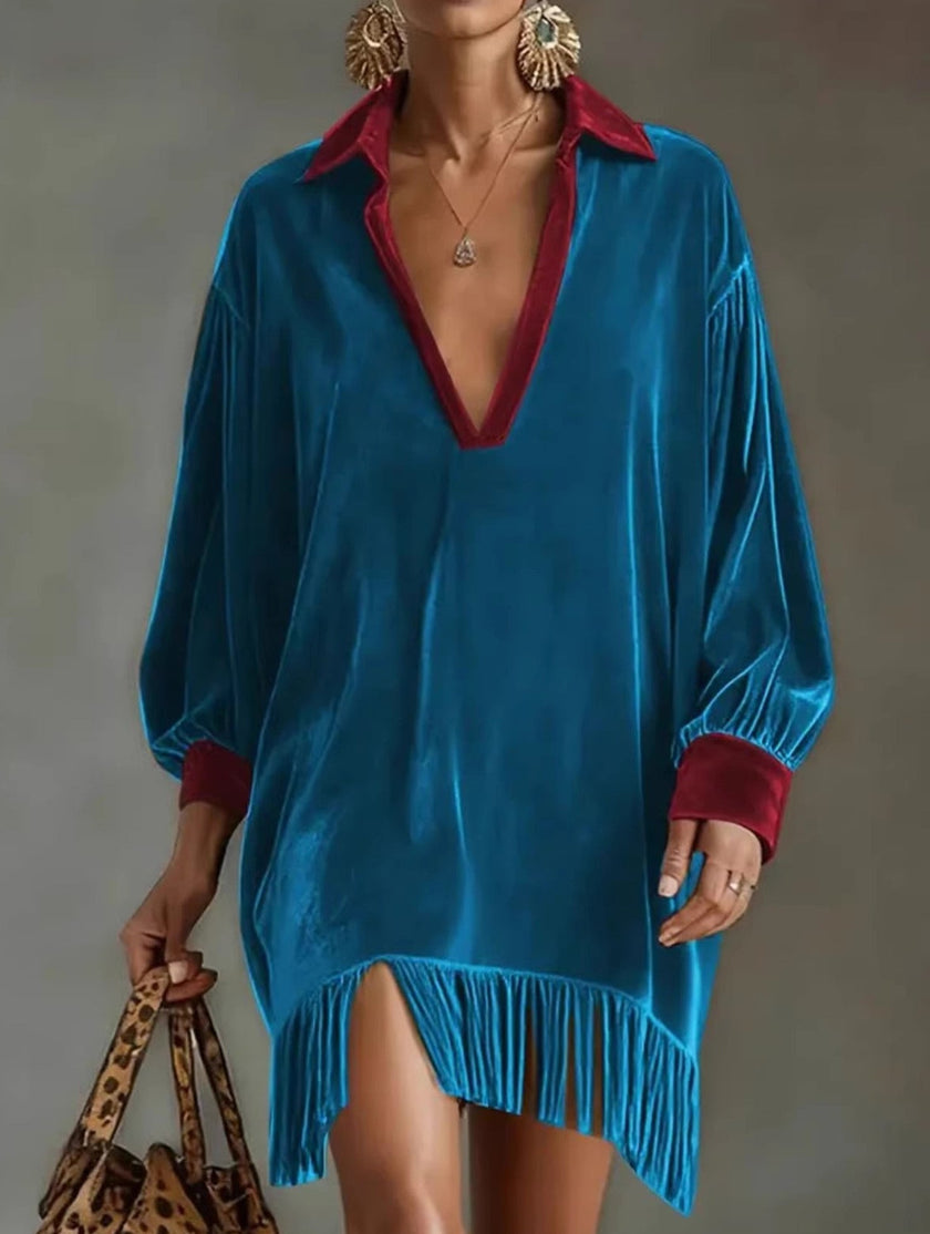 Color-blocked loose-fitting tassel dress for women by FJØRNA in white with peacock blue accents, featuring a stylish, flowy design.
