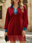 Color-blocked loose-fitting tassel dress for women by FJØRNA, featuring vibrant red accents and flowing white fabric.