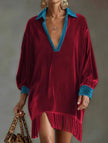 Color-blocked loose-fitting tassel dress for women by FJØRNA, featuring a white dress with vibrant color accents and tassel details.