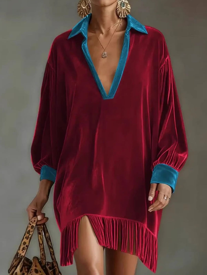 Color-blocked loose-fitting tassel dress for women by FJØRNA, featuring a white dress with vibrant color accents and tassel details.