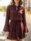 FJØRNA polka dot white V-neck long sleeve midi dress with dark brown polka dots, stylish and elegant for any occasion.