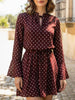 FJØRNA polka dot white V-neck long sleeve midi dress with dark brown polka dots, stylish and elegant for any occasion.