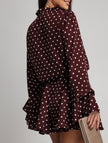 Dark brown polka dot V-neck long sleeve midi dress by FJØRNA featuring a white polka dot pattern and a flattering silhouette.