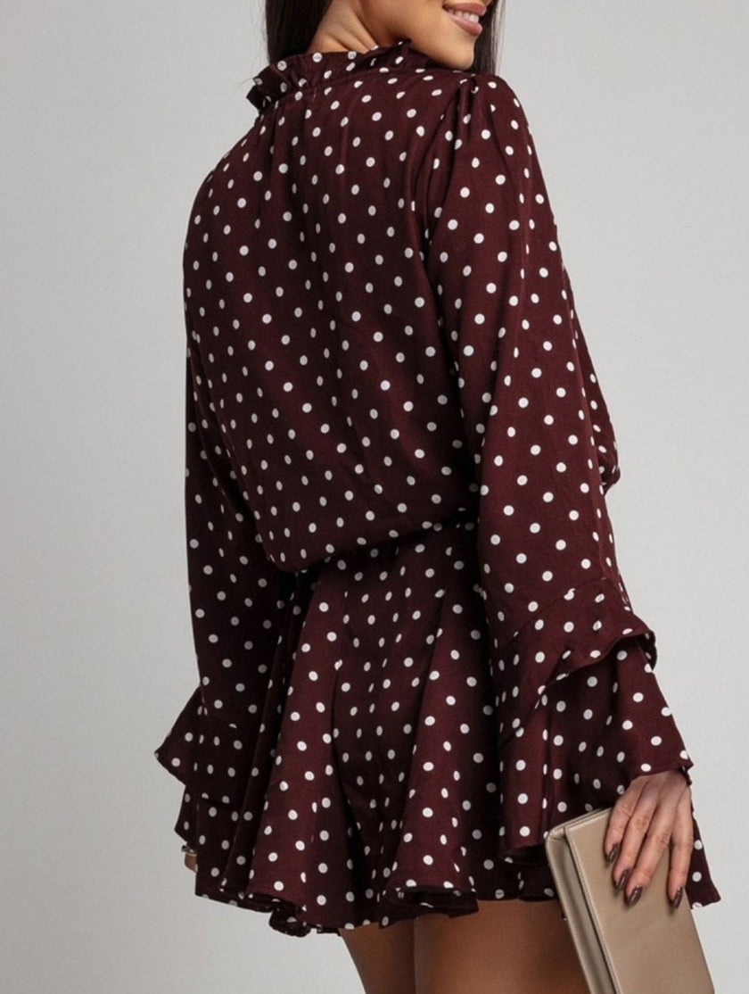 Dark brown polka dot V-neck long sleeve midi dress by FJØRNA featuring a white polka dot pattern and a flattering silhouette.
