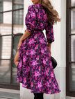 FJØRNA white V-neck tie waist long sleeve dress, elegant and flowing, with a fitted waist and classic design.