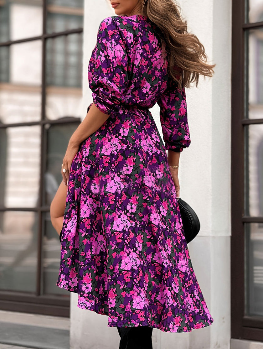 FJØRNA white V-neck tie waist long sleeve dress, elegant and flowing, with a fitted waist and classic design.