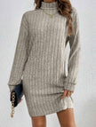 FJØRNA stylish brushed striped turtleneck long-sleeve dress in white, featuring a cozy, modern design with vertical stripes.