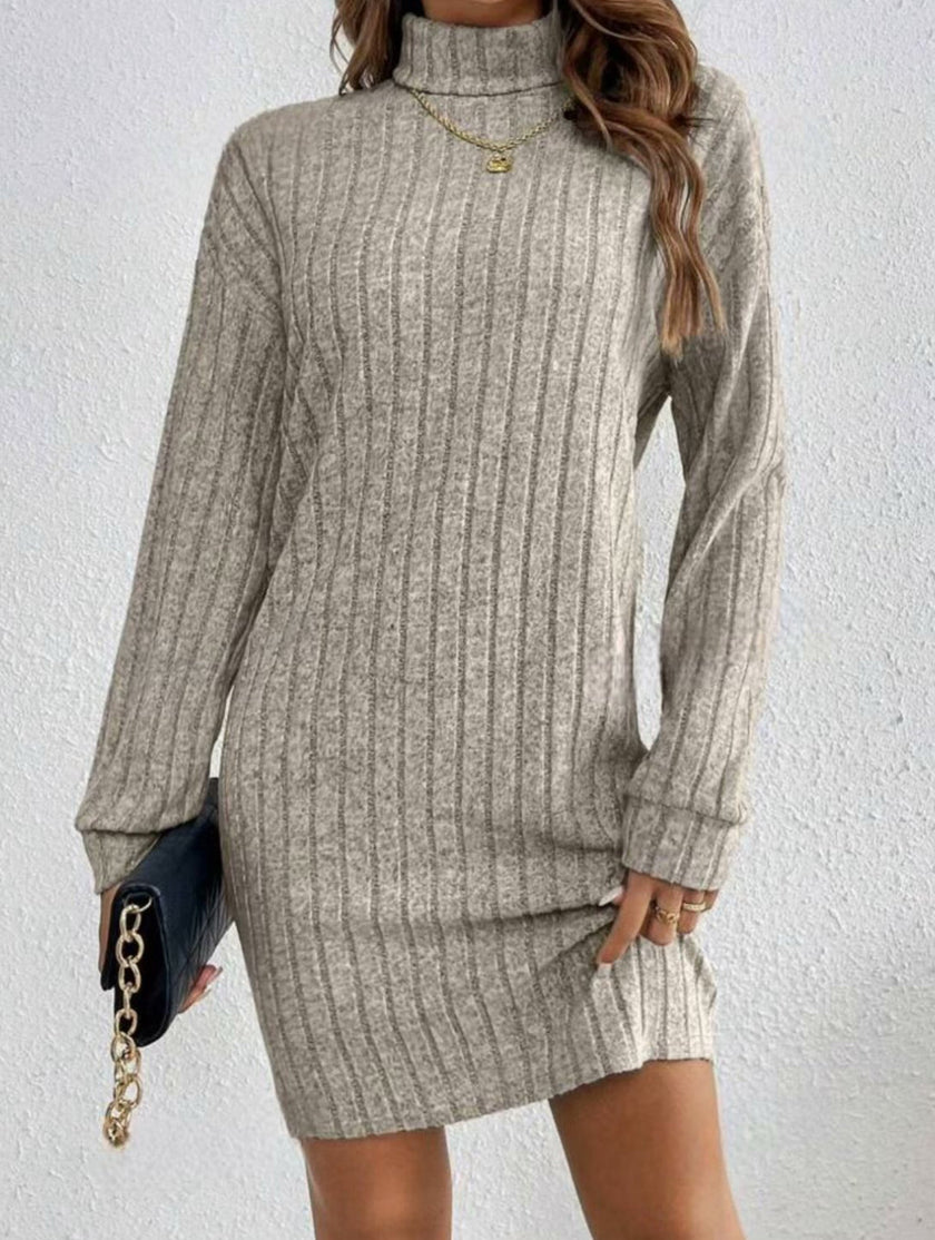 FJØRNA stylish brushed striped turtleneck long-sleeve dress in white, featuring a cozy, modern design with vertical stripes.