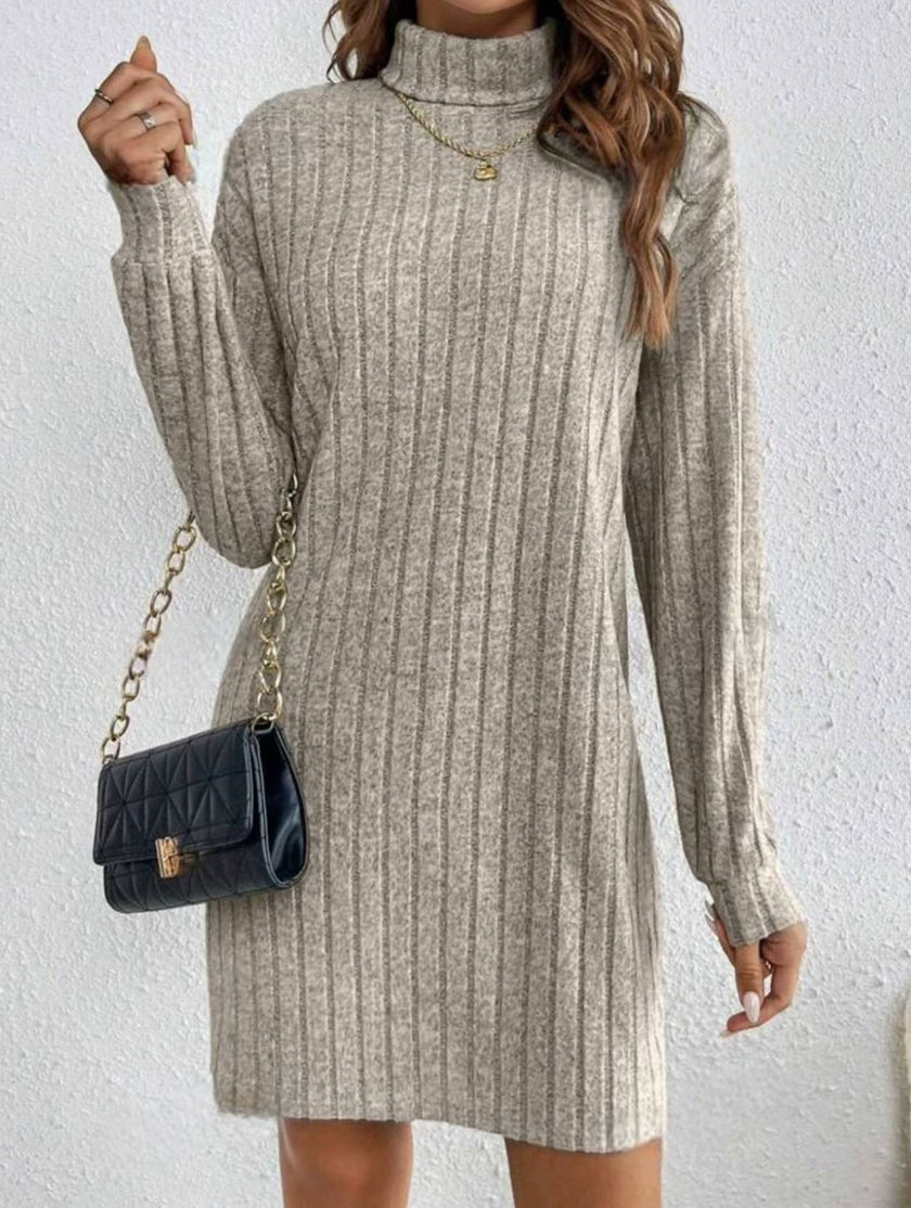 FJØRNA brushed striped turtleneck long-sleeved dress in white, featuring a stylish design and soft fabric for a cozy look.