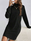 FJØRNA stylish brushed striped black turtleneck long-sleeved dress, cozy and elegant, displayed on a hanger against a neutral background.