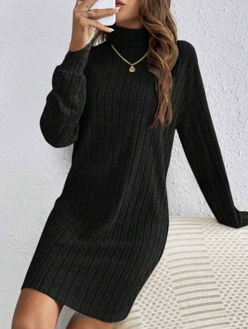 FJØRNA stylish brushed striped black turtleneck long-sleeved dress, cozy and elegant, displayed on a hanger against a neutral background.